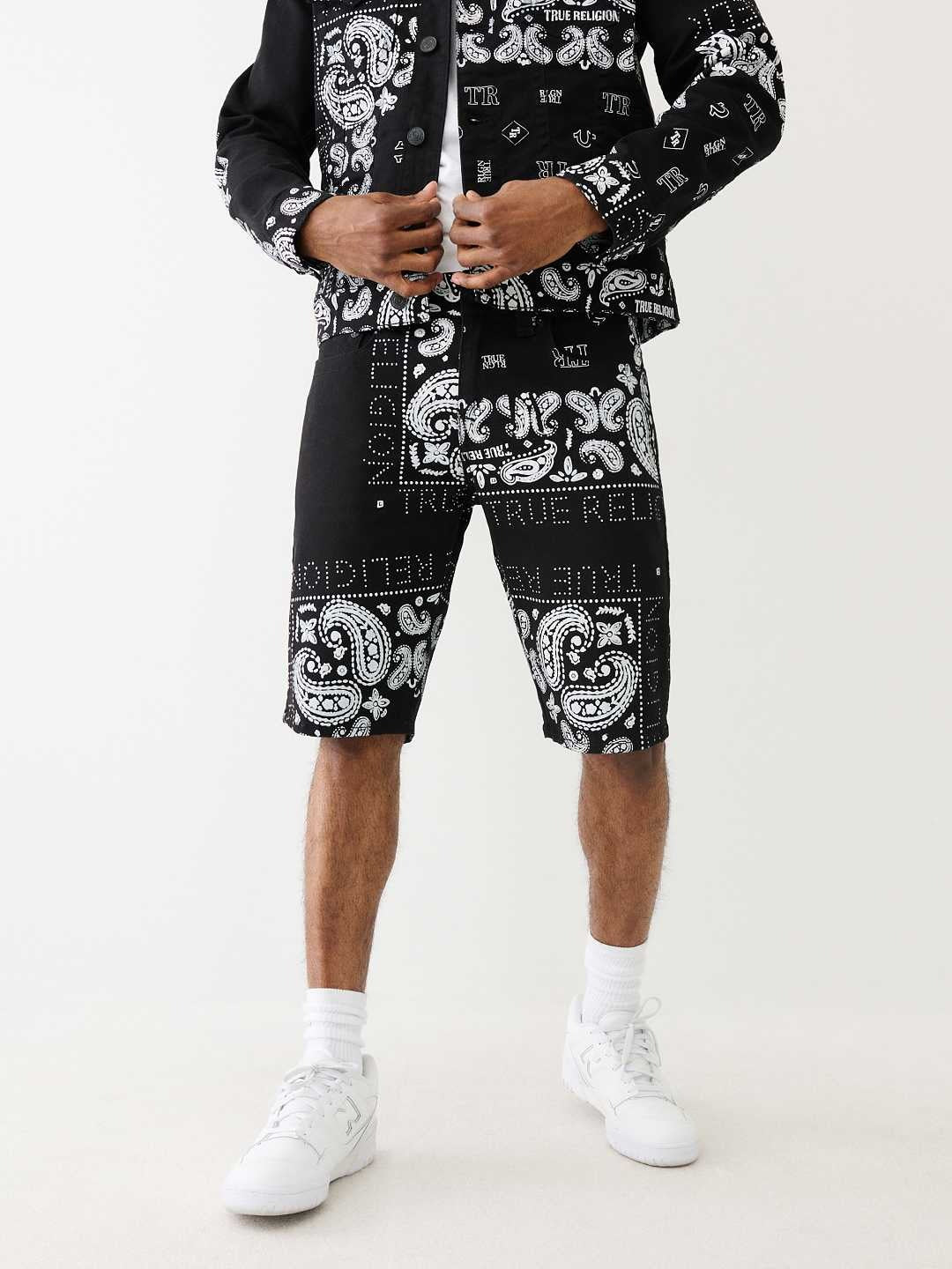 True Religion Men Black Printed Straight Fit Mid-Rise Shorts