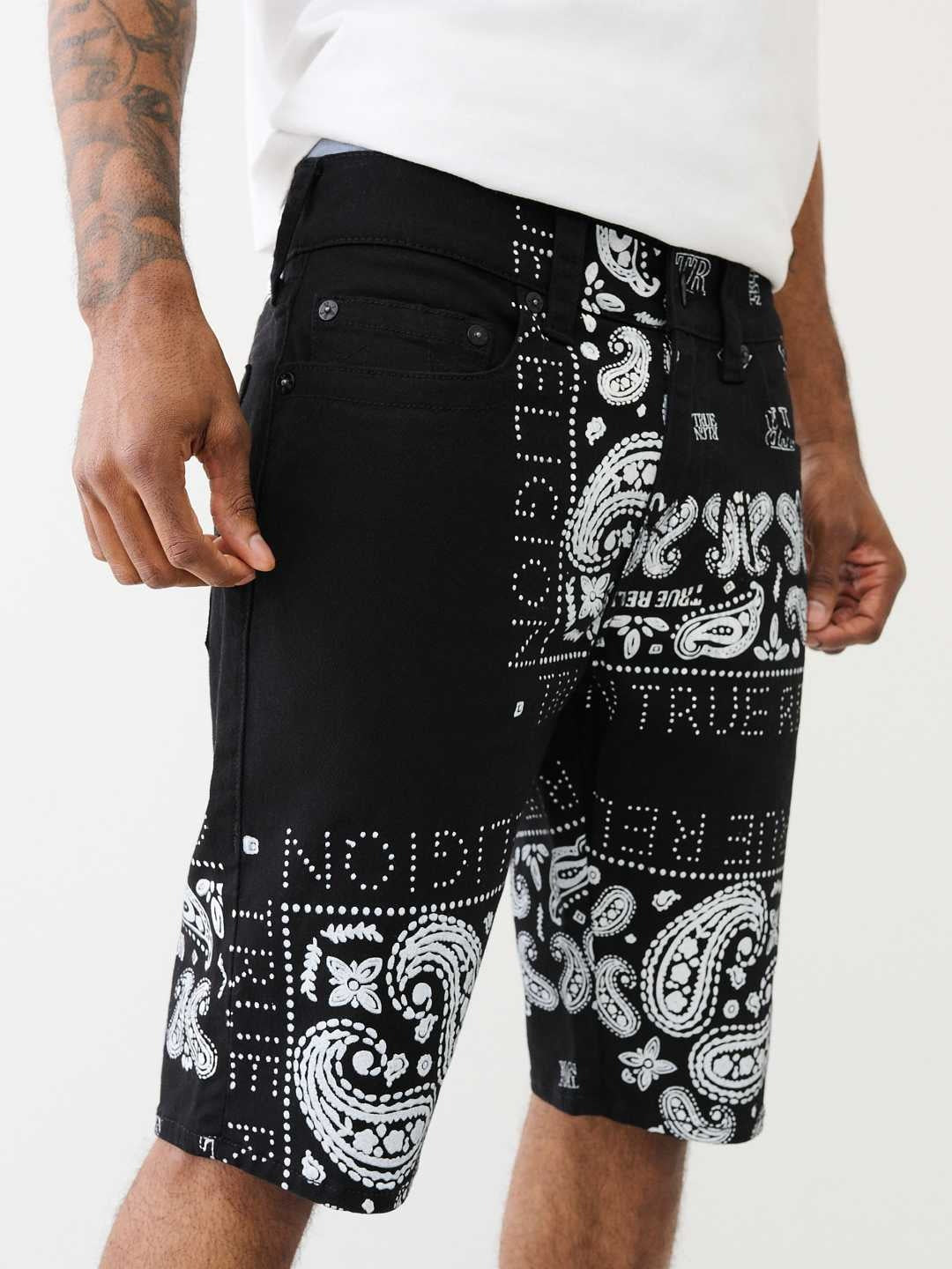 True Religion Men Black Printed Straight Fit Mid-Rise Shorts