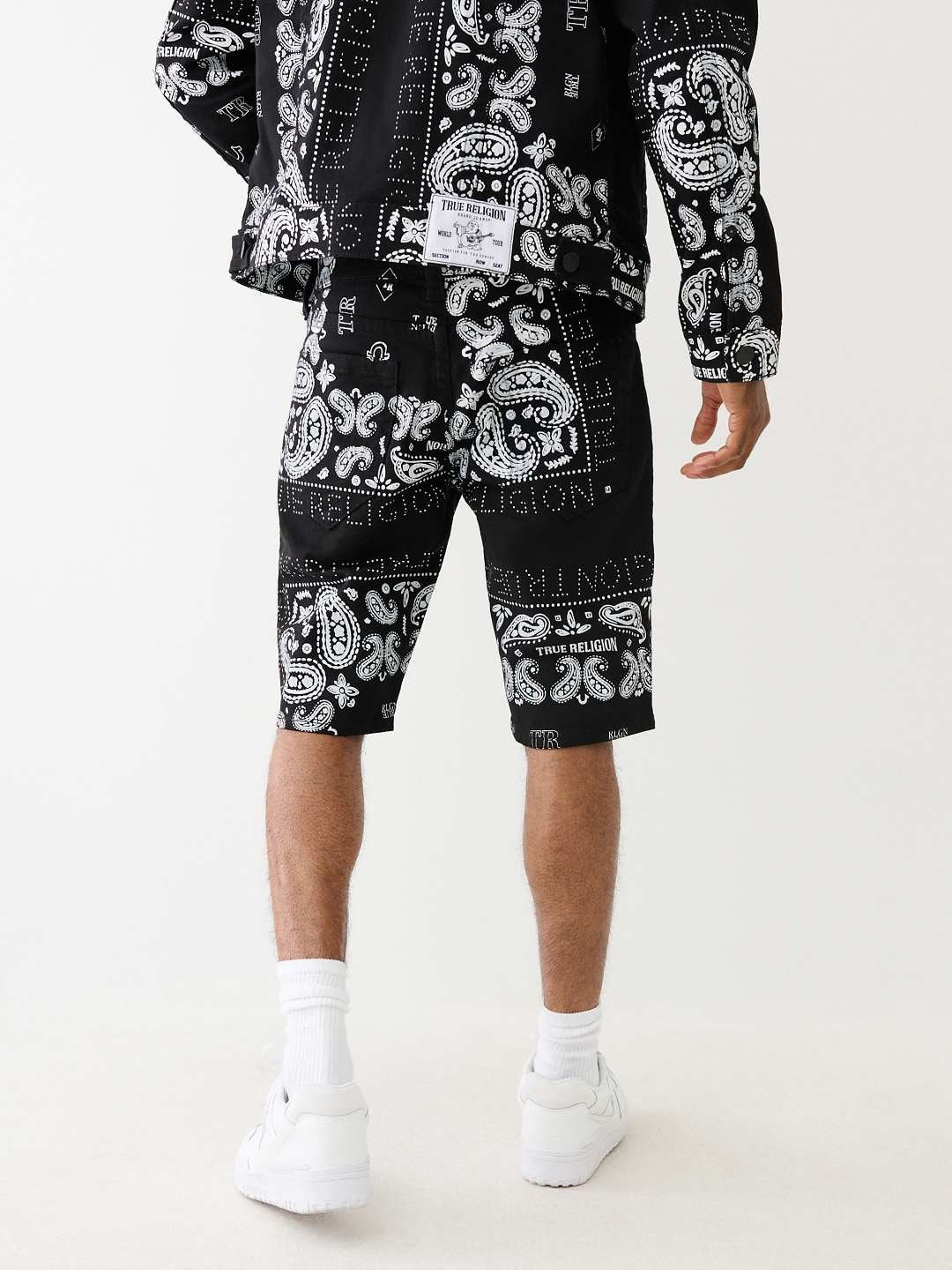 True Religion Men Black Printed Straight Fit Mid-Rise Shorts