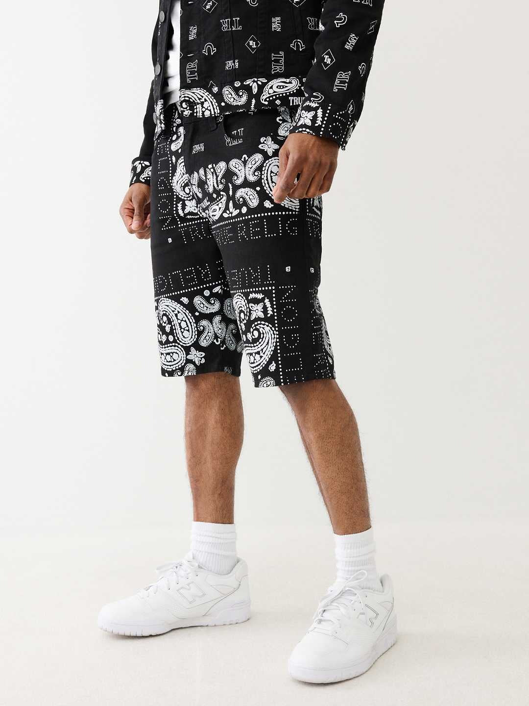 True Religion Men Black Printed Straight Fit Mid-Rise Shorts