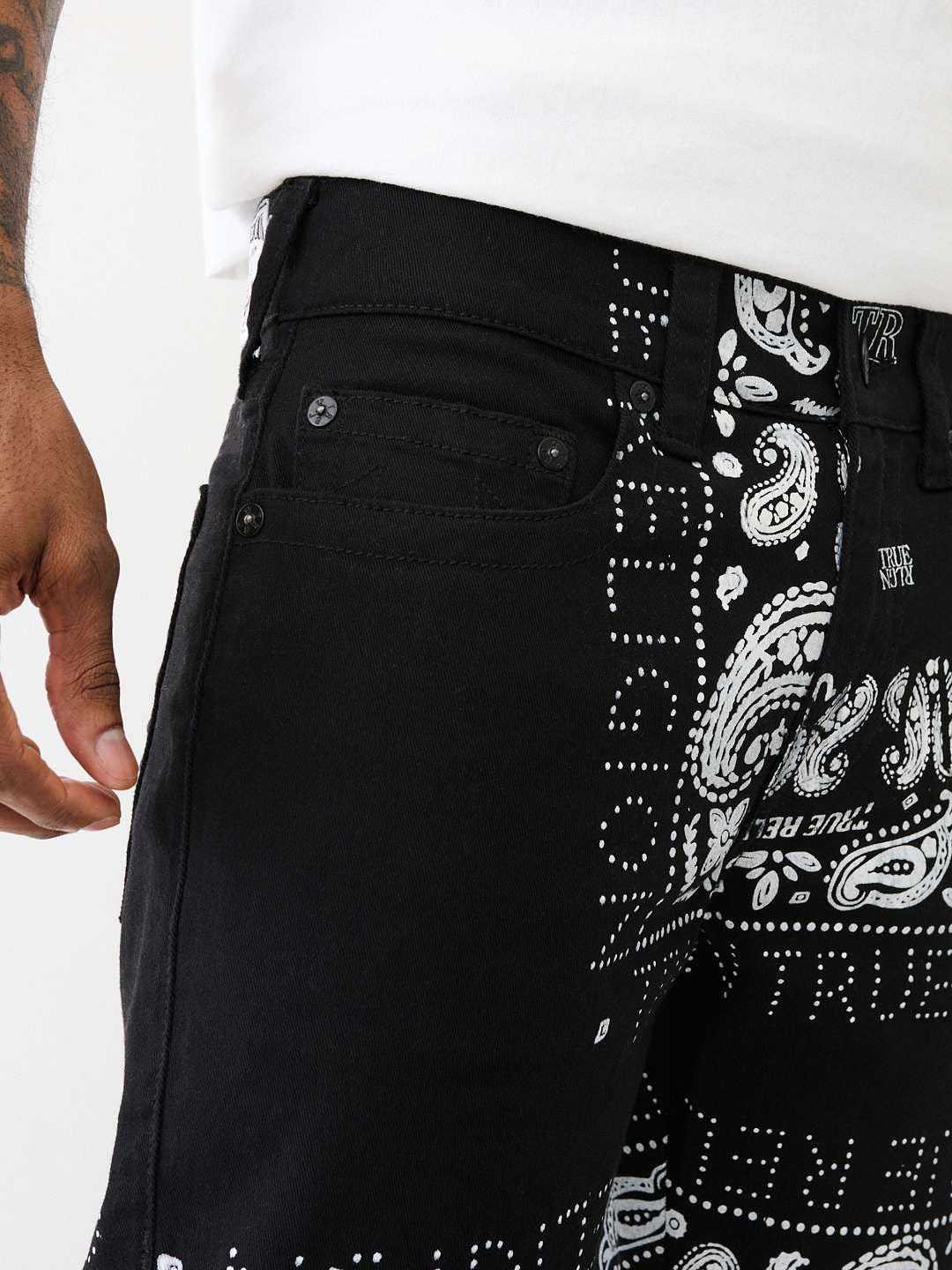 True Religion Men Black Printed Straight Fit Mid-Rise Shorts