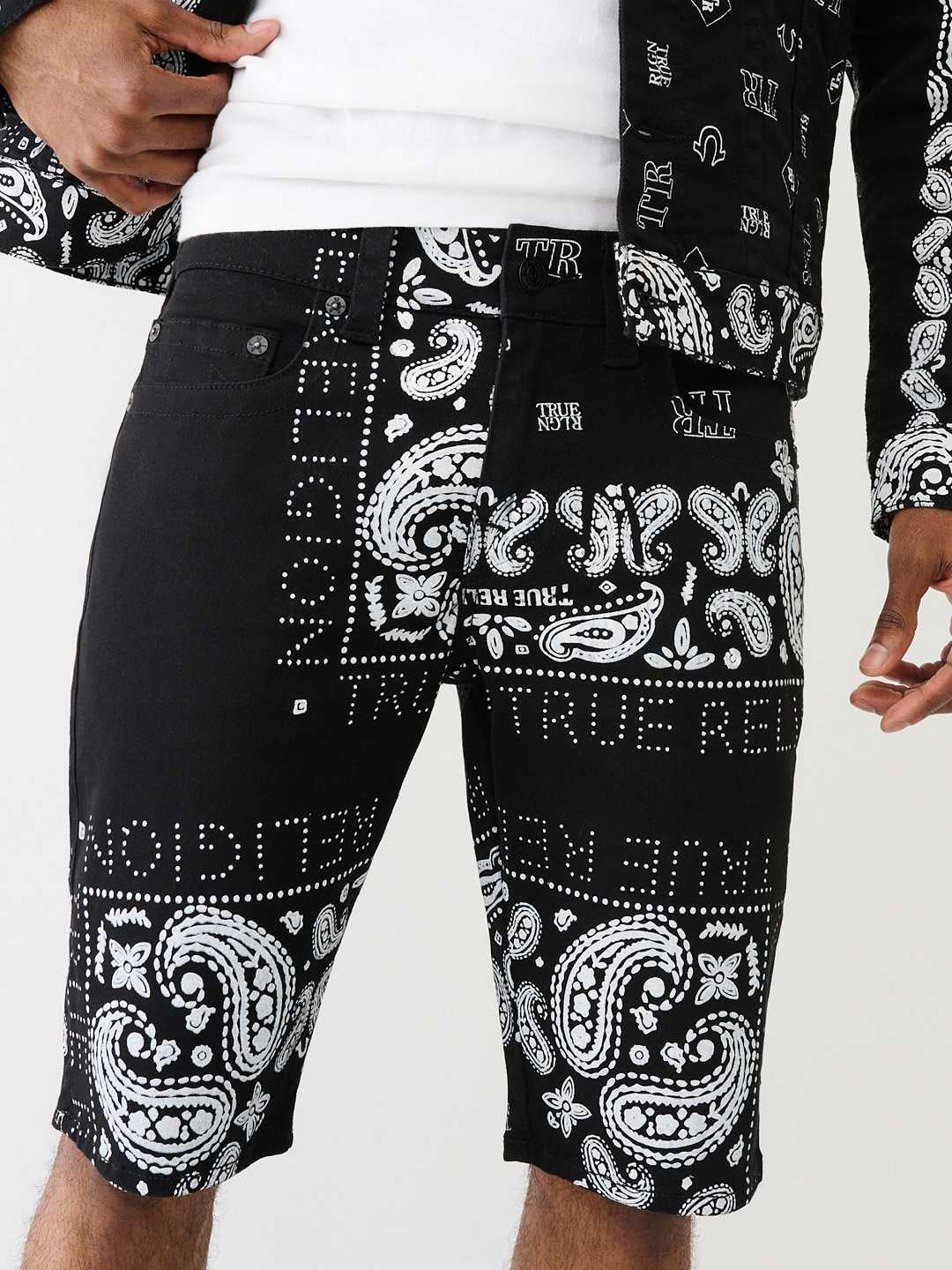 True Religion Men Black Printed Straight Fit Mid-Rise Shorts