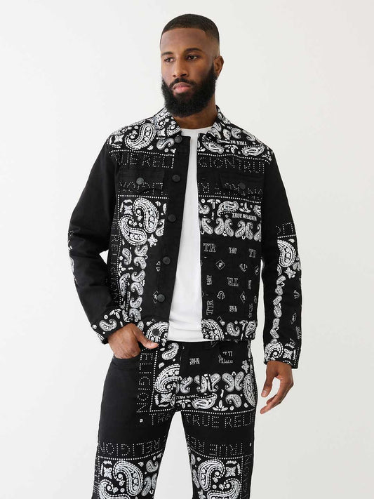 True Religion Men Black Printed Spread Collar Full Sleeves Jacket