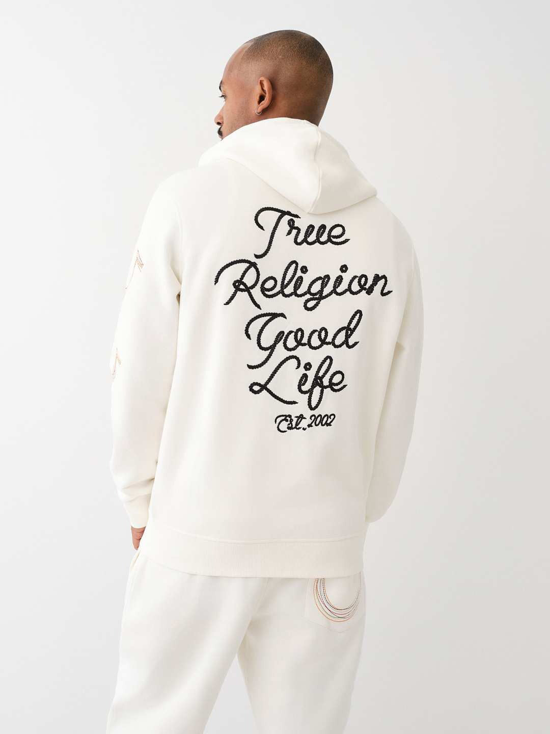 True Religion Men Cream Solid Hooded Full Sleeves Zipped Sweatshirt