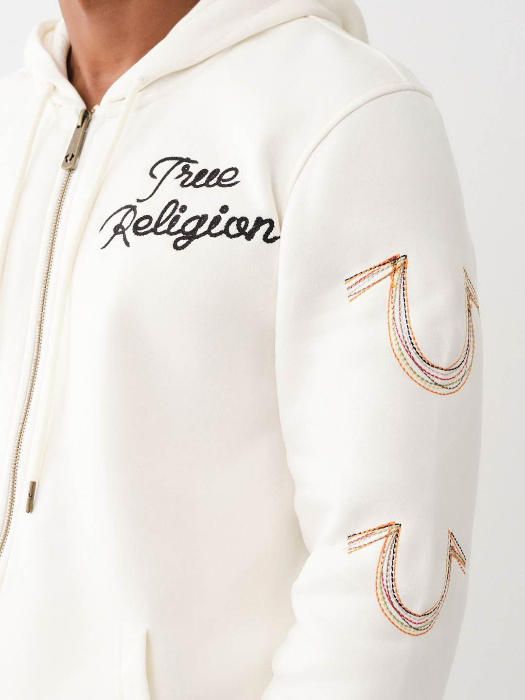 True Religion Men Cream Solid Hooded Full Sleeves Zipped Sweatshirt