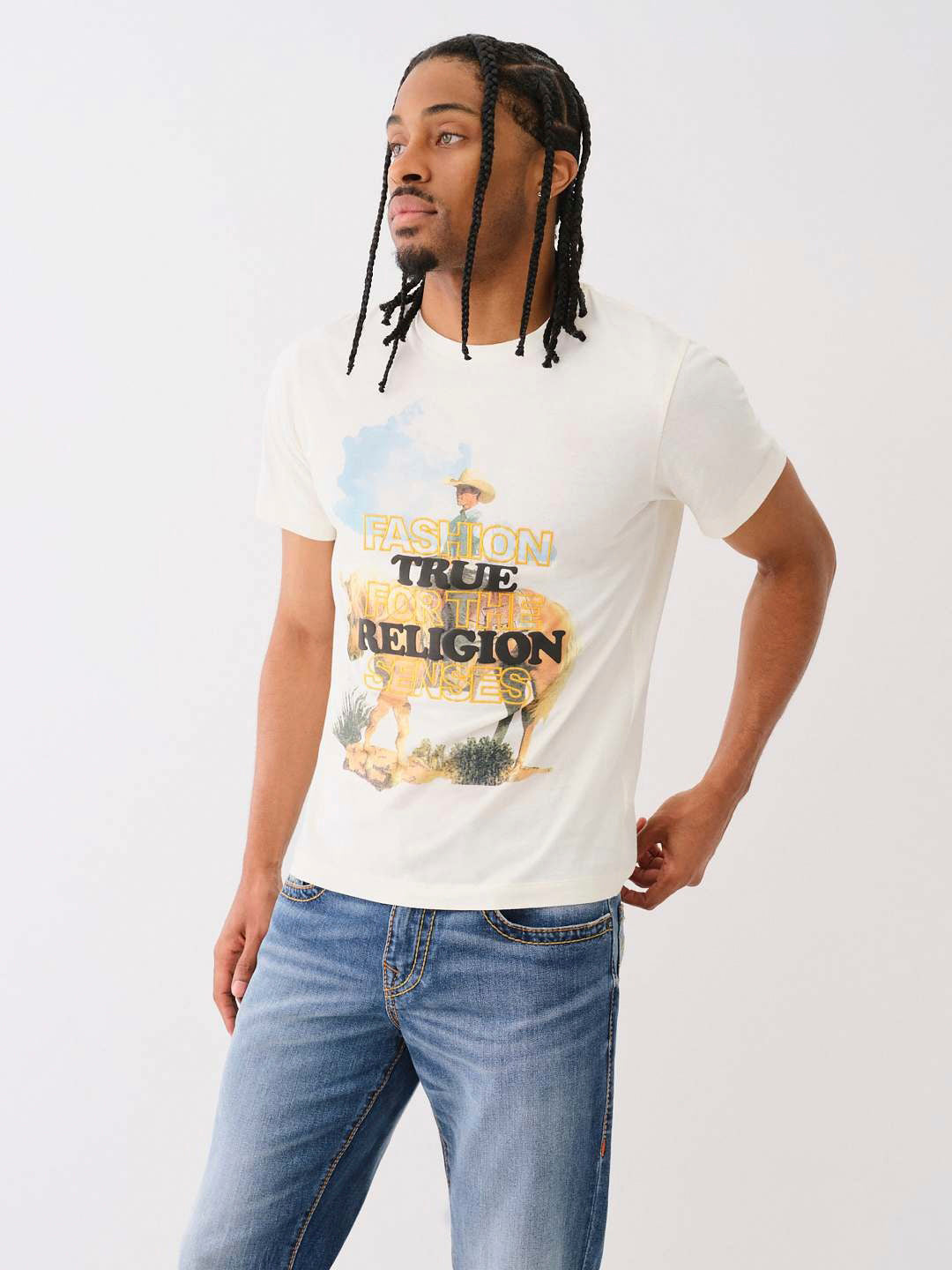 True Religion Men Cream Printed Round Neck Short Sleeves T-shirt