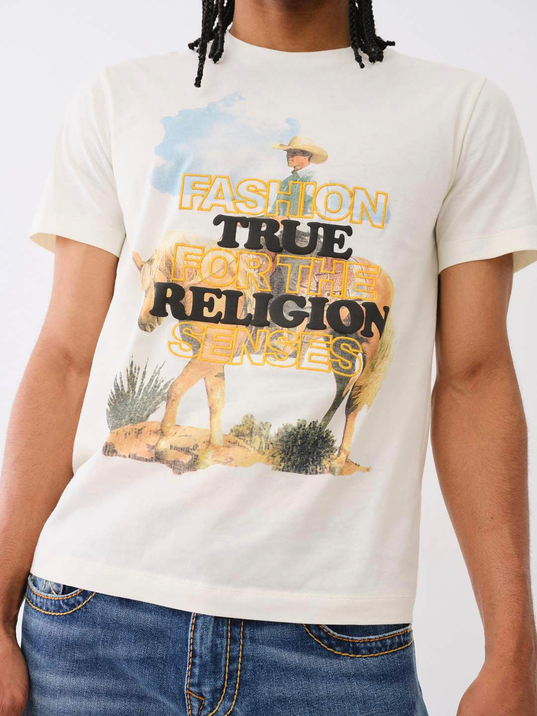 True Religion Men Cream Printed Round Neck Short Sleeves T-shirt