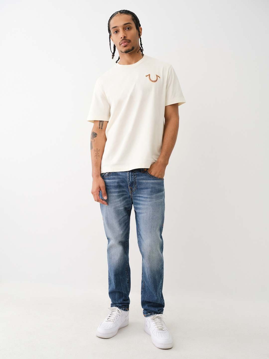 True Religion Men Cream Solid Round Neck Short Sleeves T-Shirt