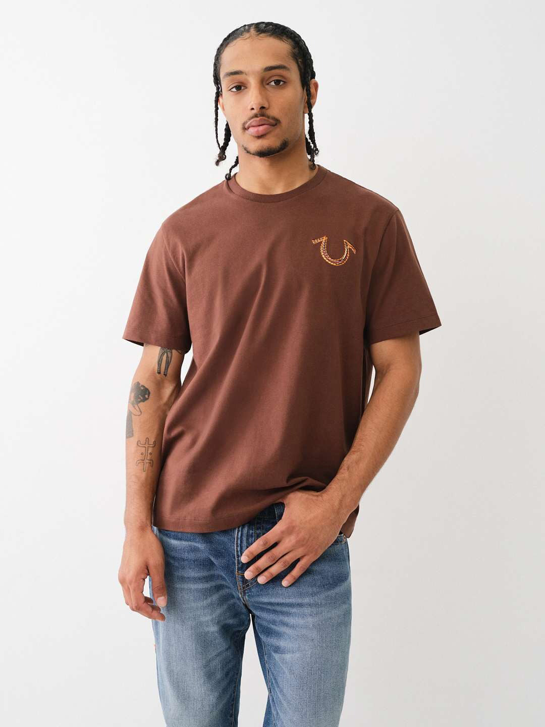 True Religion Men Brown Solid Round Neck Short Sleeves T-Shirt