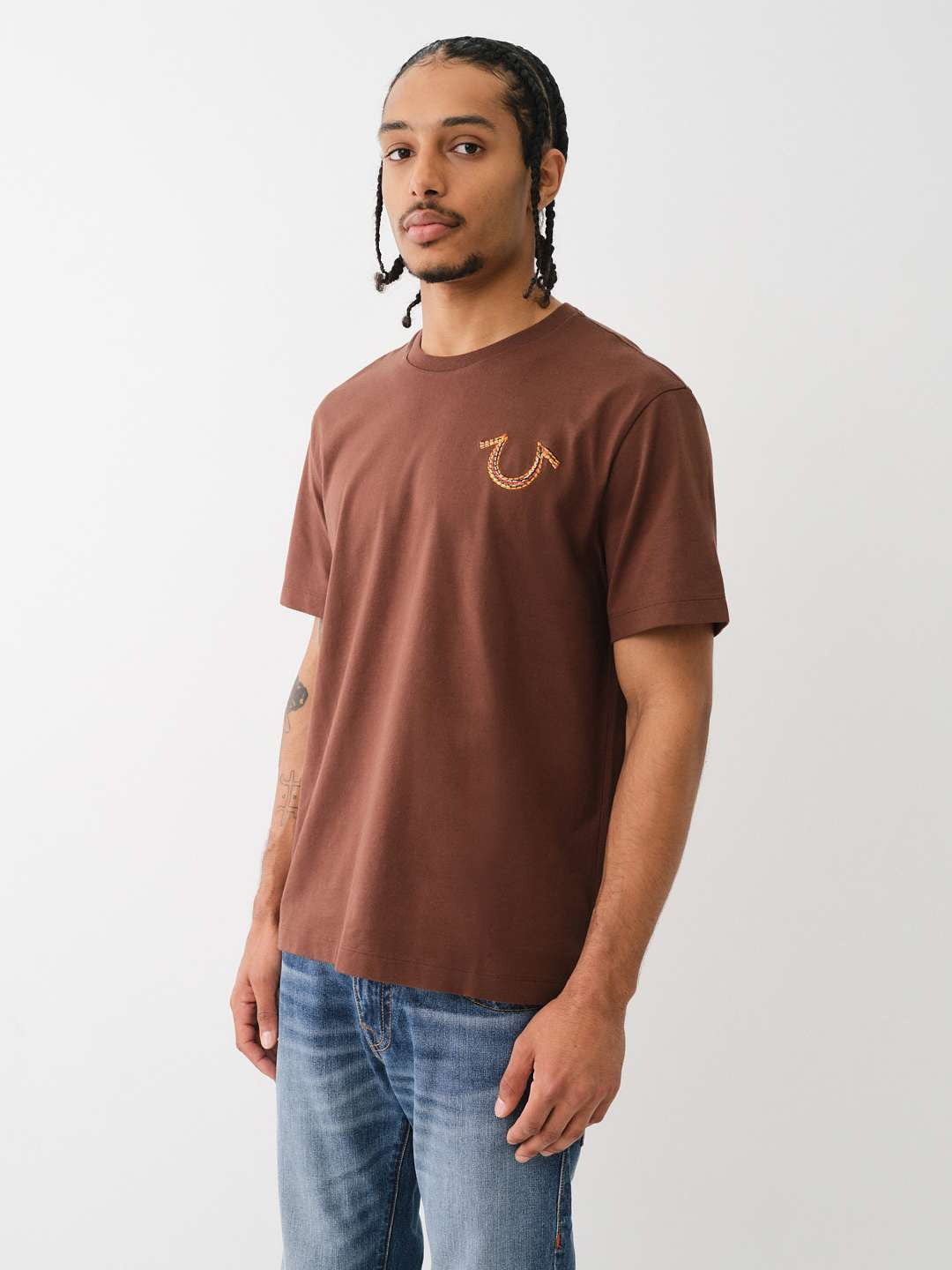 True Religion Men Brown Solid Round Neck Short Sleeves T-Shirt