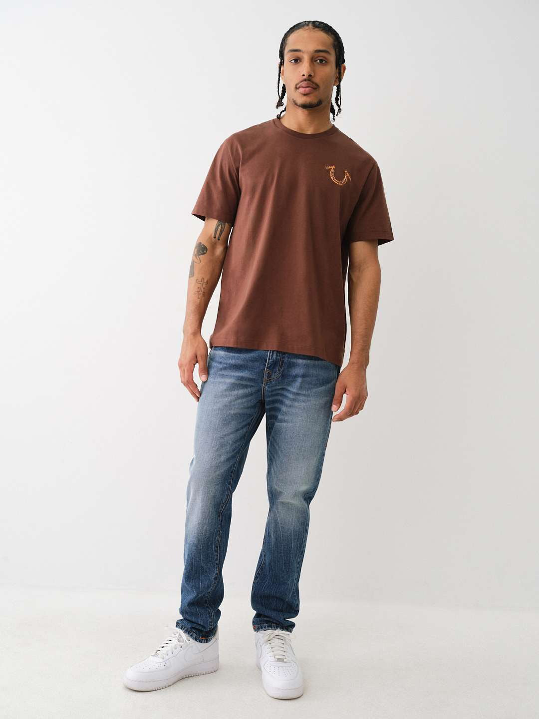 True Religion Men Brown Solid Round Neck Short Sleeves T-Shirt