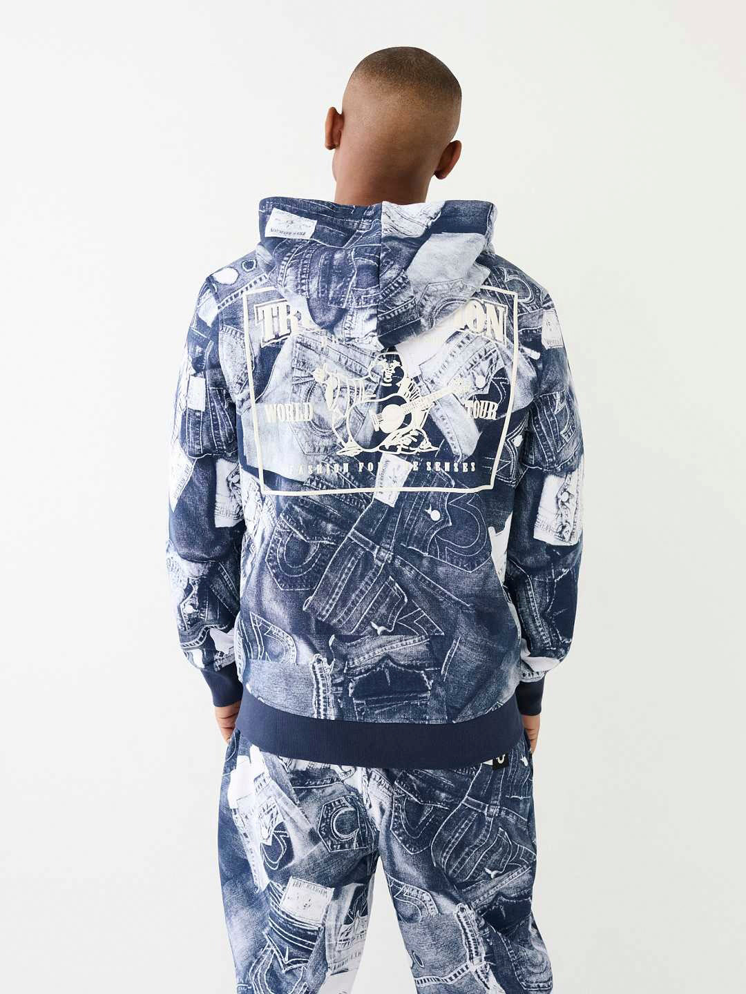 True Religion Men Blue Printed Hooded Full Sleeves Sweatshirt