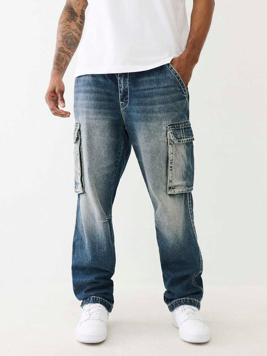 True Religion Big T Cargo Jogger Fit Blue Mid-Rise Washed Jeans