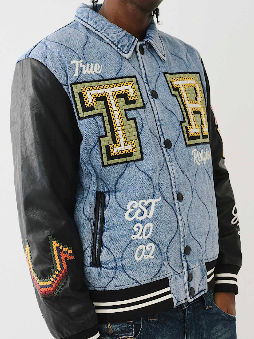 True Religion Men Blue Applique Spread Collar Full Sleeves Denim Jacket