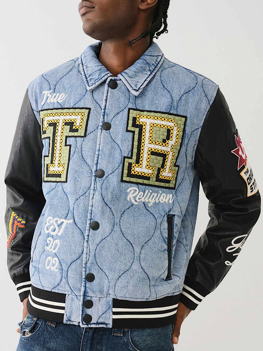 True Religion Men Blue Applique Spread Collar Full Sleeves Denim Jacket