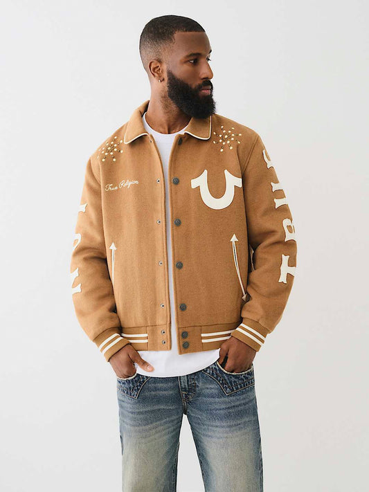 True Religion Men Brown Printed Spread Collar Full Sleeves Bomber Jacket