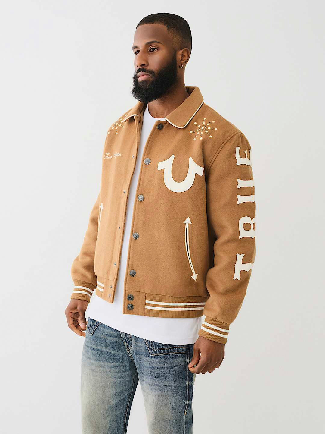 True Religion Men Brown Printed Spread Collar Full Sleeves Bomber Jacket