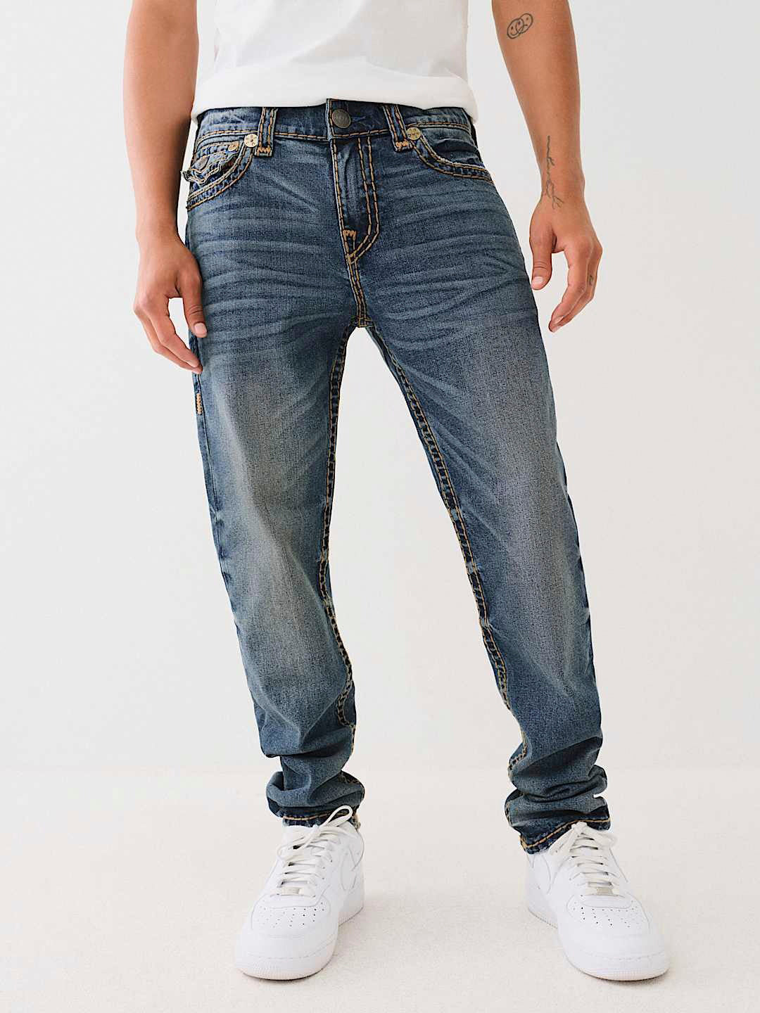 True Religion Men Blue Washed Slim Fit Mid-Rise Jeans