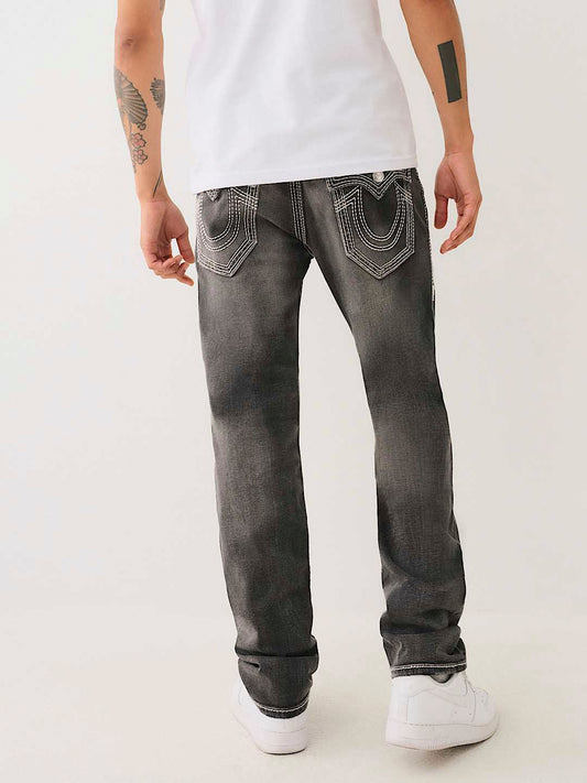 True Religion Men Black Washed Straight Fit Mid-Rise Jeans