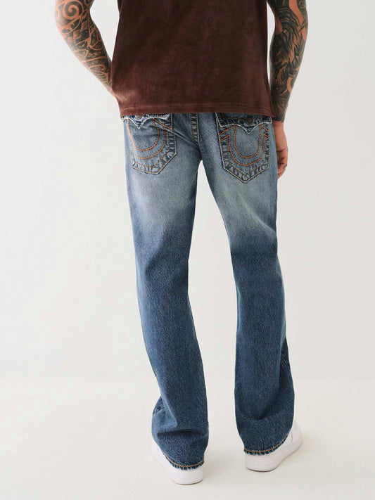 True Religion Men Blue Washed Boot Cut Mid-Rise Jeans