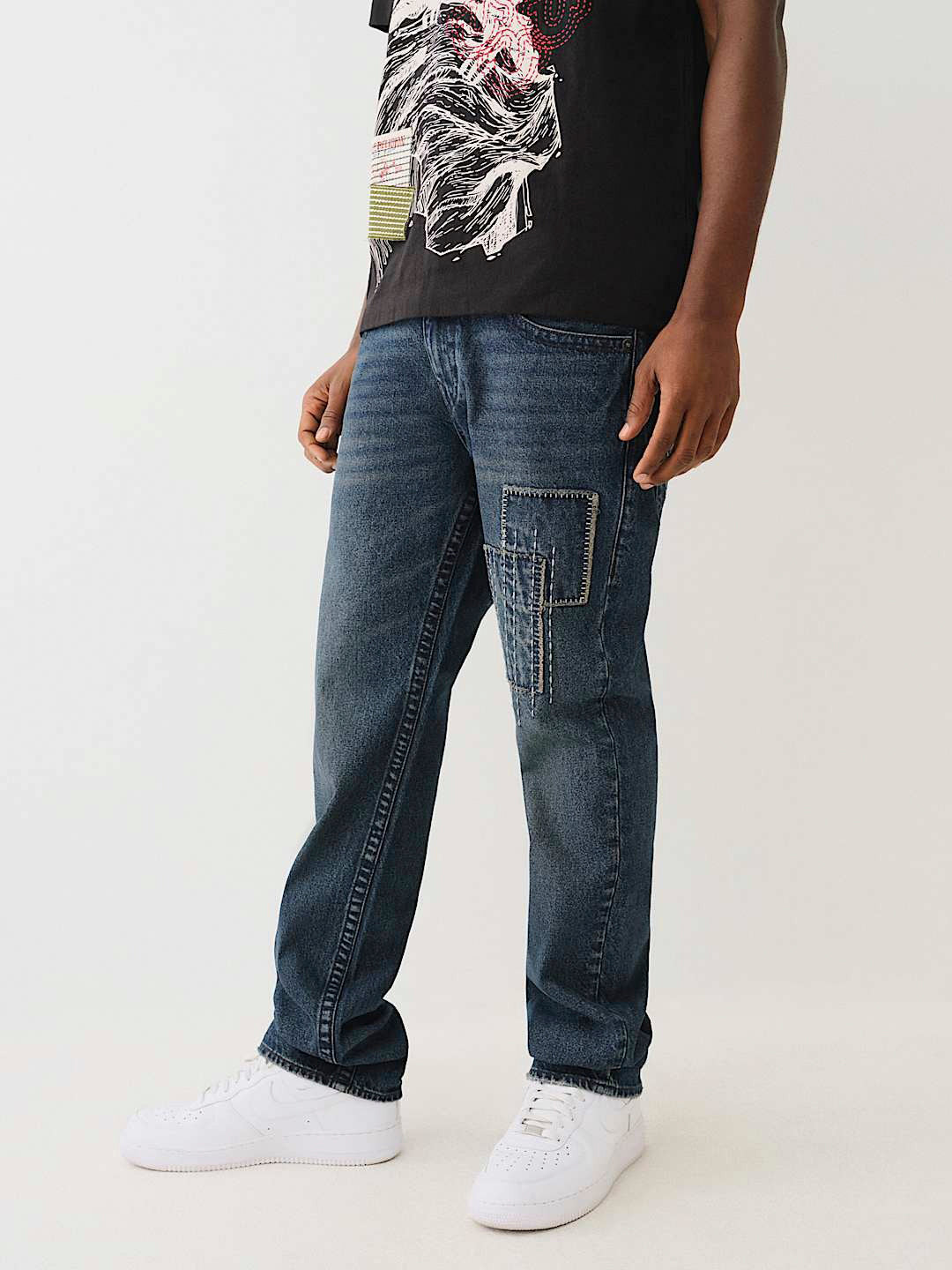 True Religion Men Blue Washed Straight Fit Mid-Rise Jeans