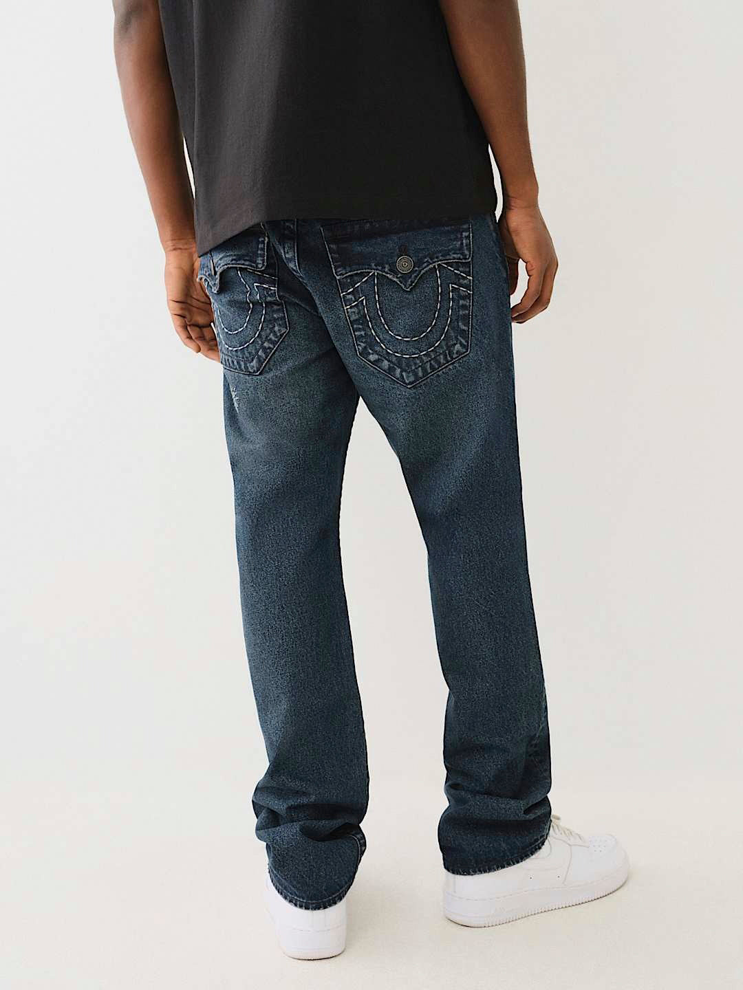 True Religion Men Blue Washed Straight Fit Mid-Rise Jeans