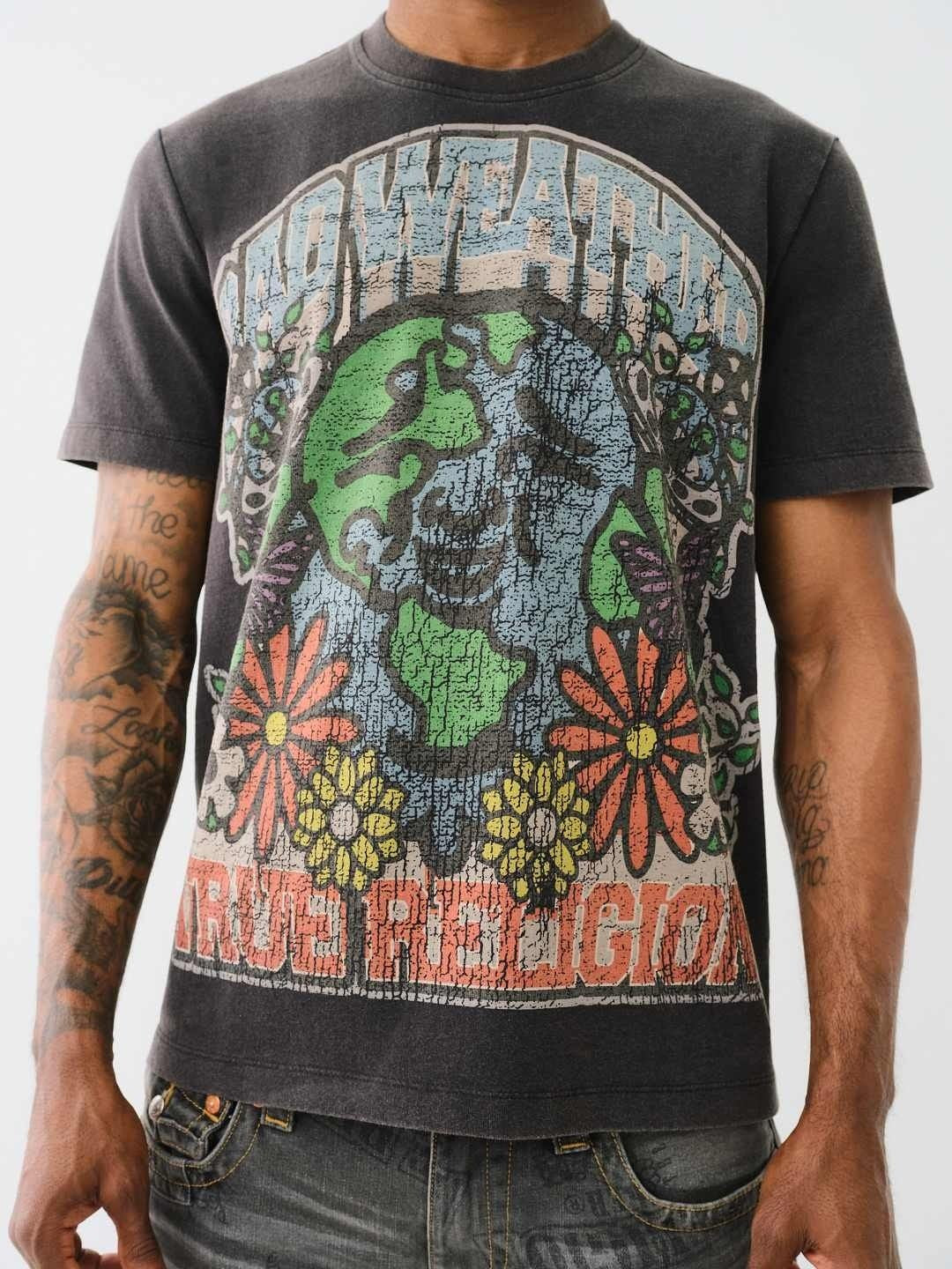 True Religion Men Black Printed Round Neck Short Sleeves T-shirt