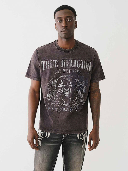 True Religion Men Black Printed Round Neck Short Sleeves T-Shirt