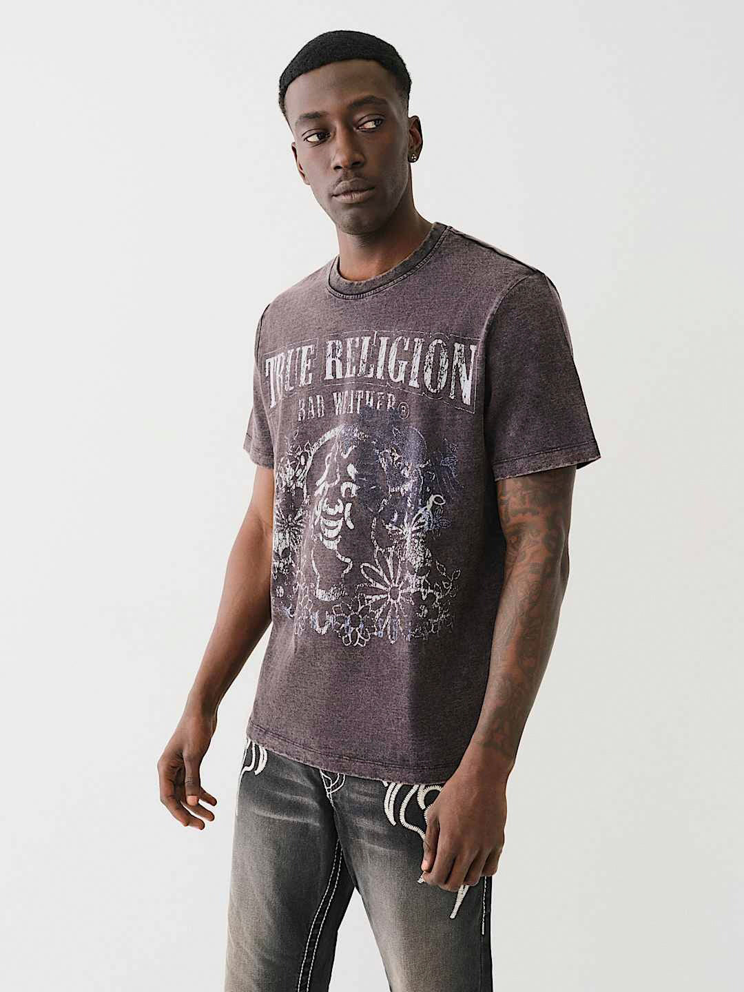 True Religion Men Black Printed Round Neck Short Sleeves T-Shirt