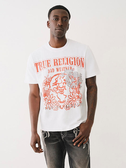 True Religion Men White Printed Round Neck Short Sleeves T-Shirt