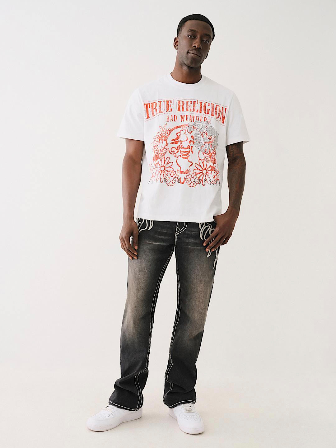 True Religion Men White Printed Round Neck Short Sleeves T-Shirt