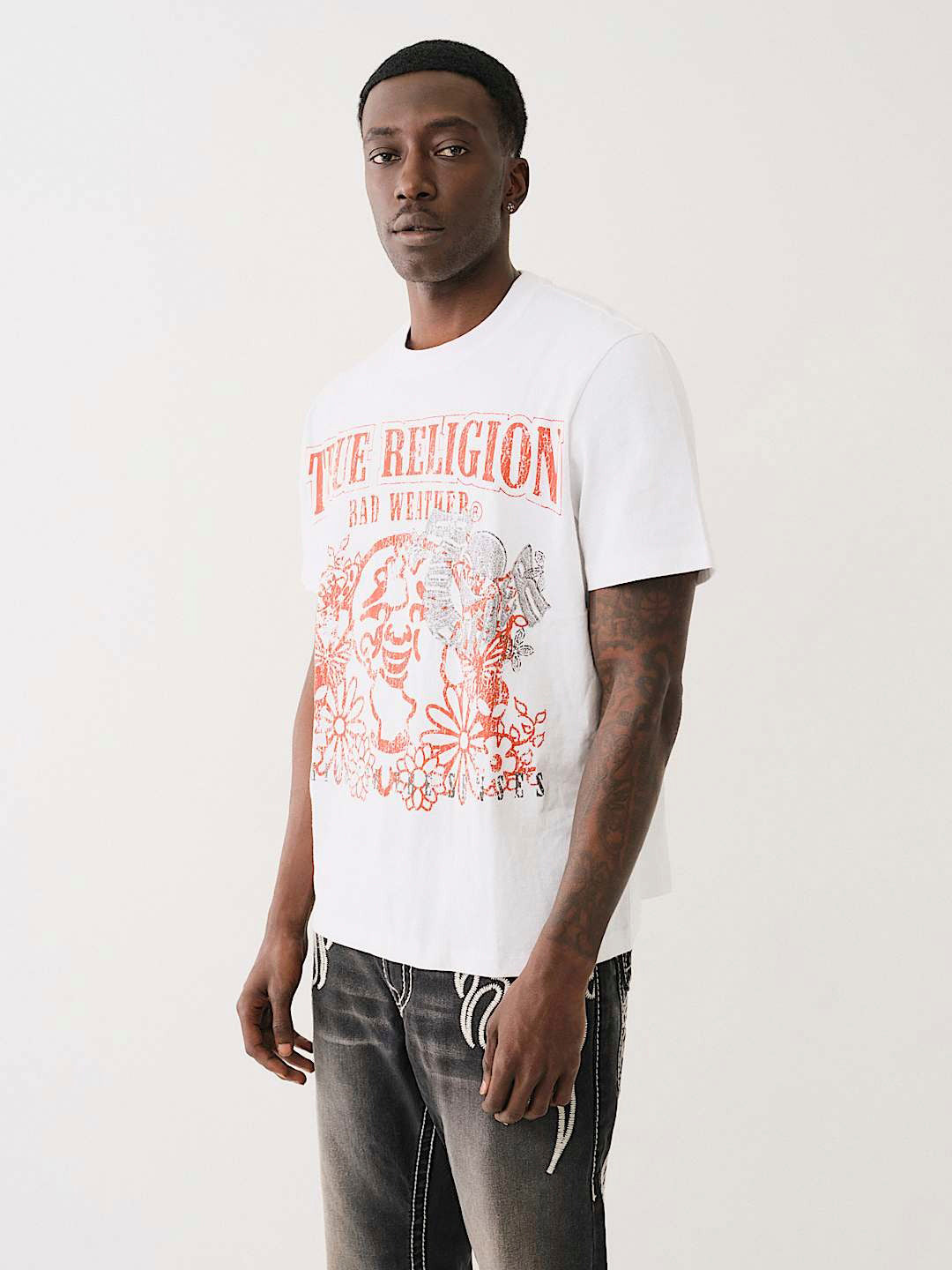 True Religion Men White Printed Round Neck Short Sleeves T-Shirt