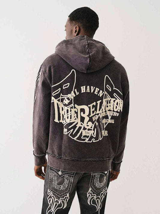 True Religion Men Black Printed Hooded Full Sleeves Zipped Sweatshirt