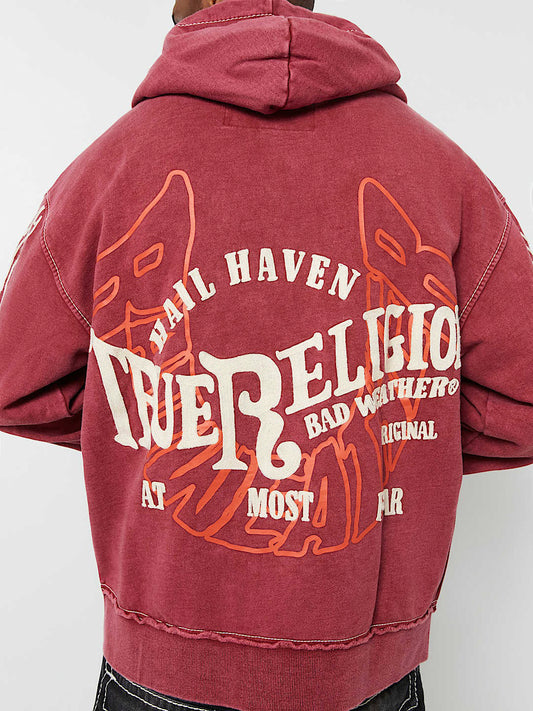 True Religion Men Red Printed Hooded Full Sleeves Zipped Sweatshirt