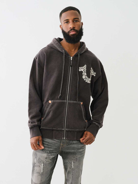 True Religion Men Black Solid Hooded Full Sleeves Zipped Sweatshirt