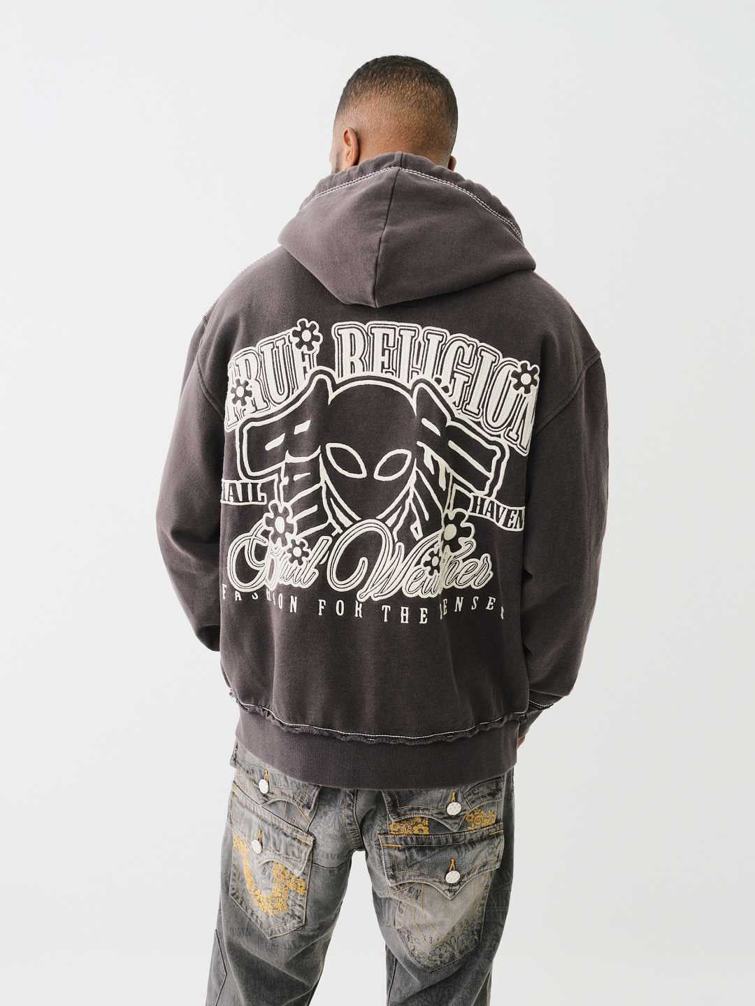 True Religion Men Black Solid Hooded Full Sleeves Zipped Sweatshirt