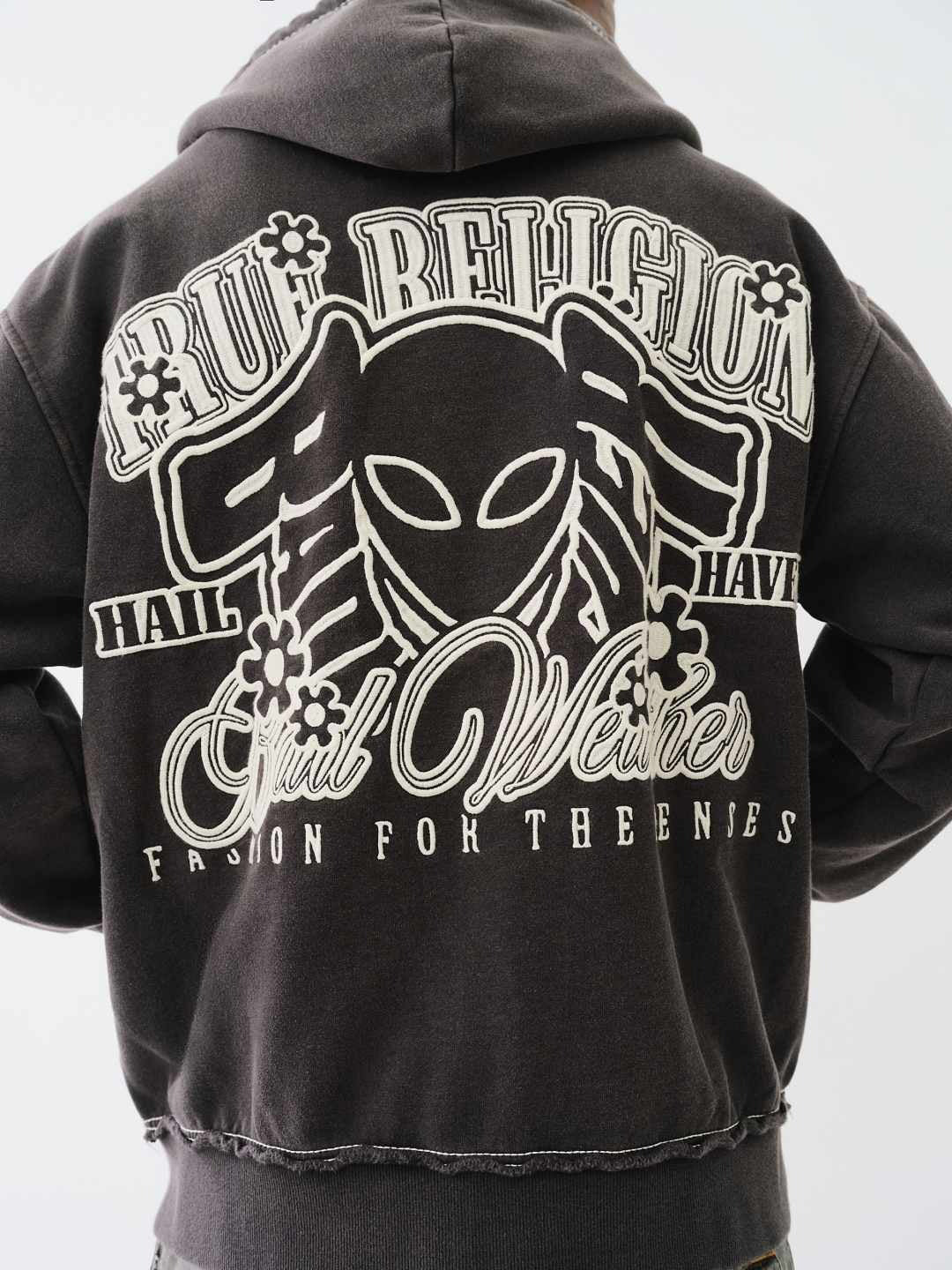 True Religion Men Black Solid Hooded Full Sleeves Zipped Sweatshirt