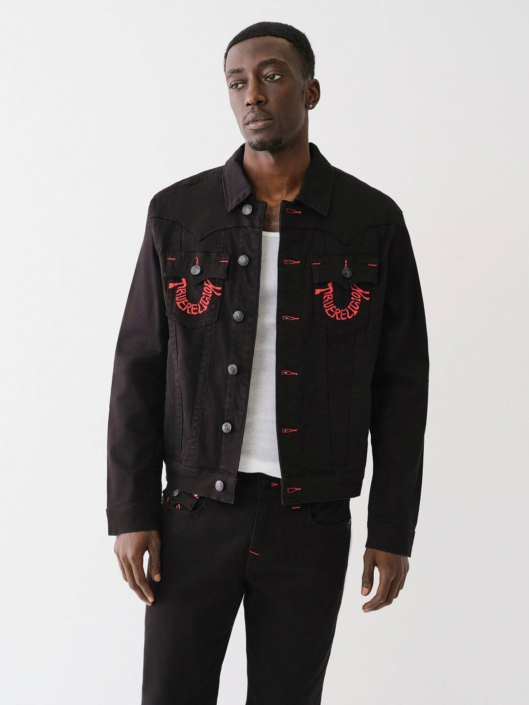 True Religion Men Black Embroidered Spread Collar Full Sleeves Jacket