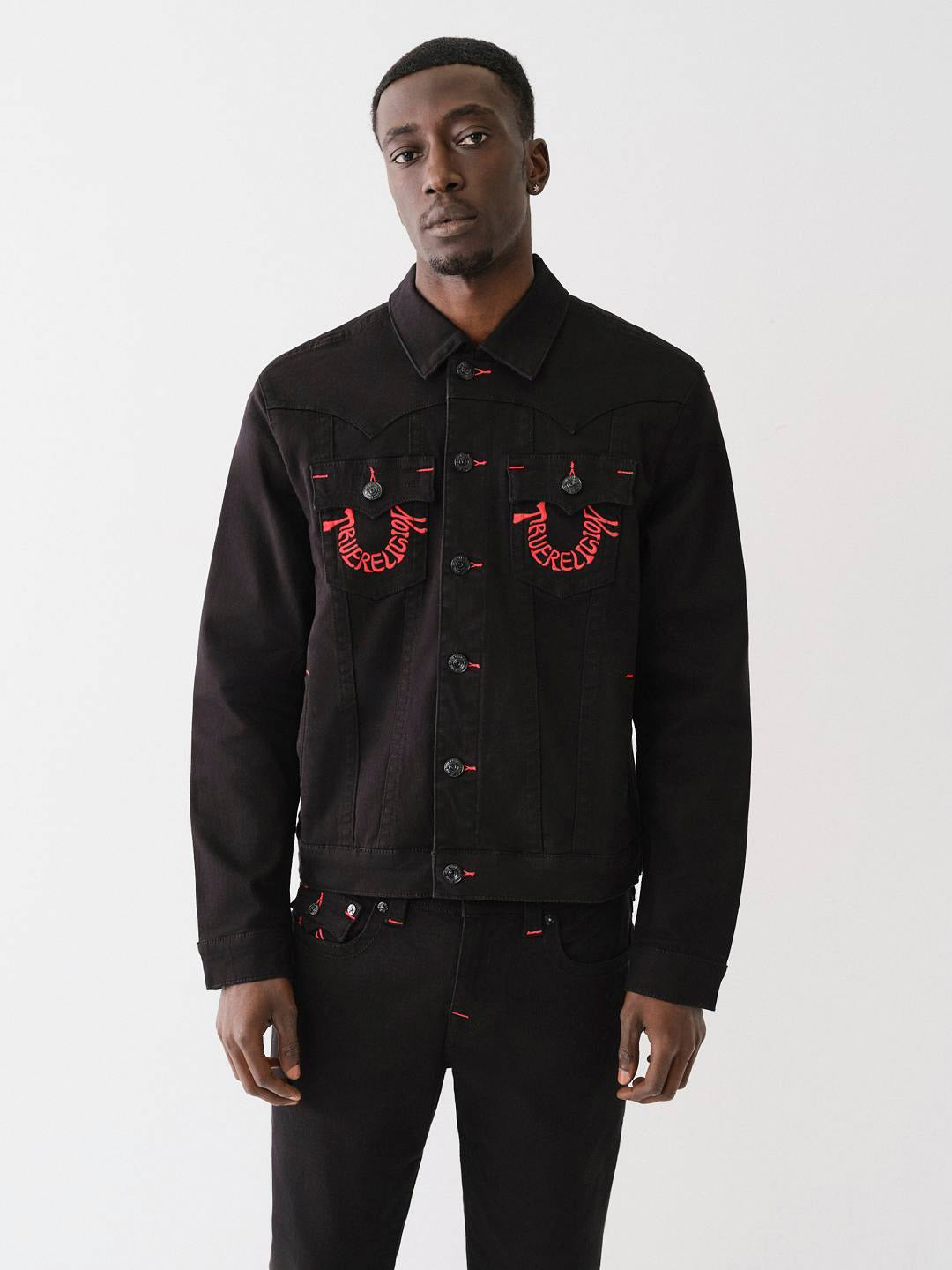 True Religion Men Black Embroidered Spread Collar Full Sleeves Jacket