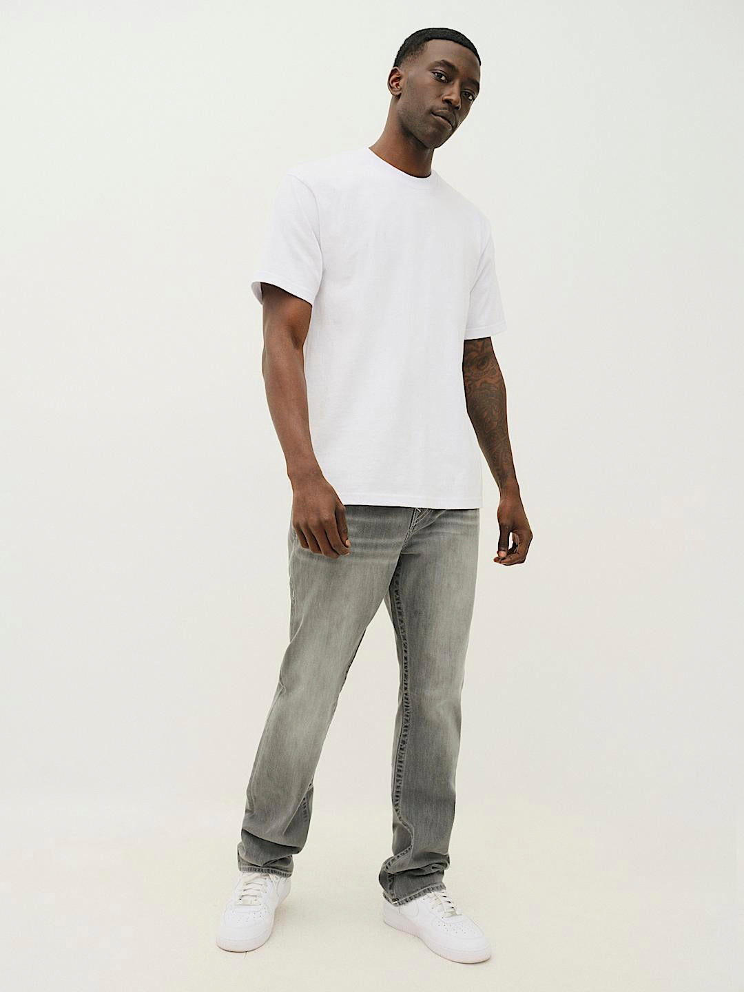 True Religion Men Grey Washed Straight Fit Mid-Rise Jeans