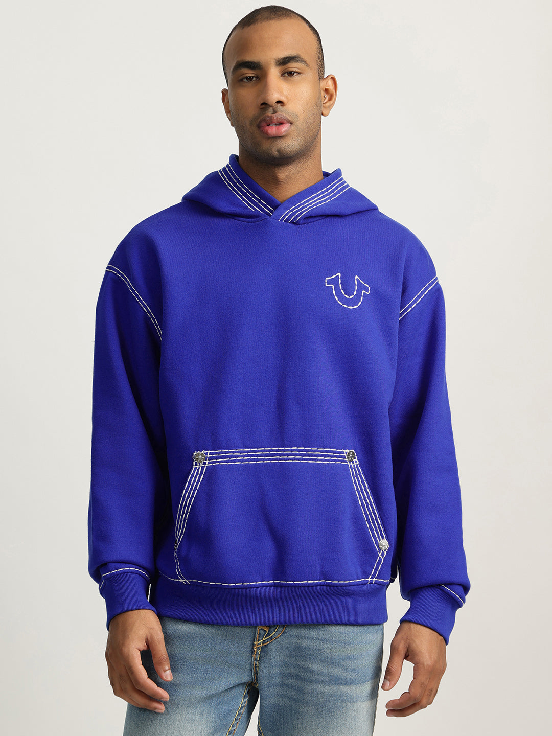 True Religion Men Blue Self Design Hooded Full Sleeves Sweatshirt