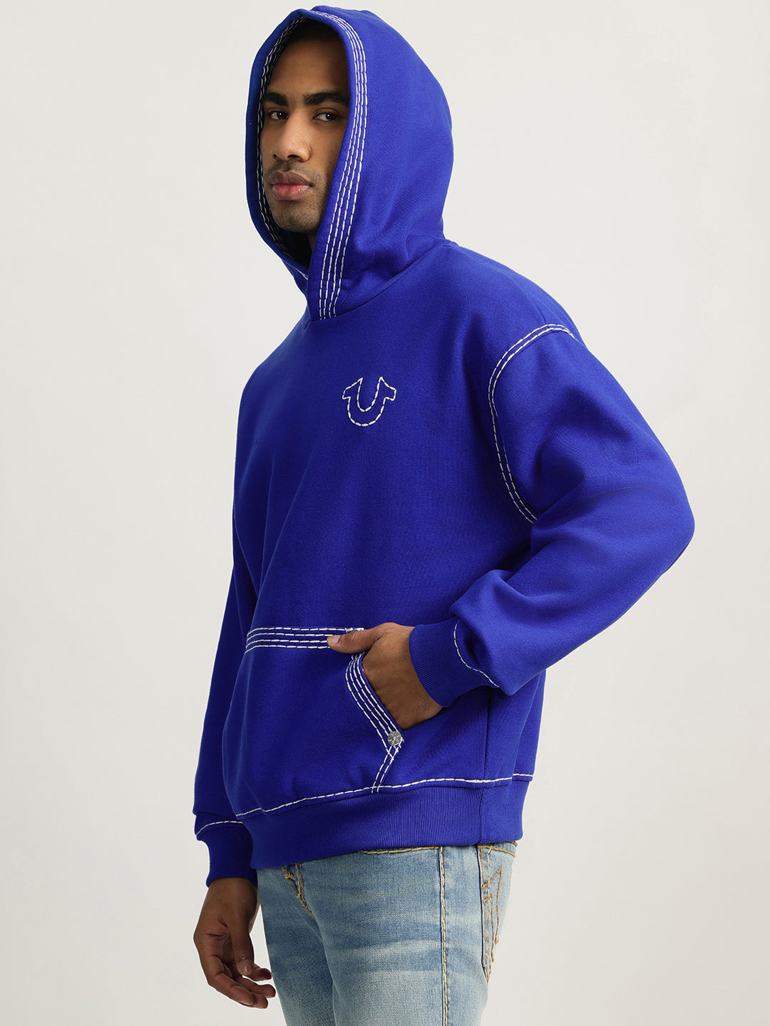 True Religion Men Blue Self Design Hooded Full Sleeves Sweatshirt