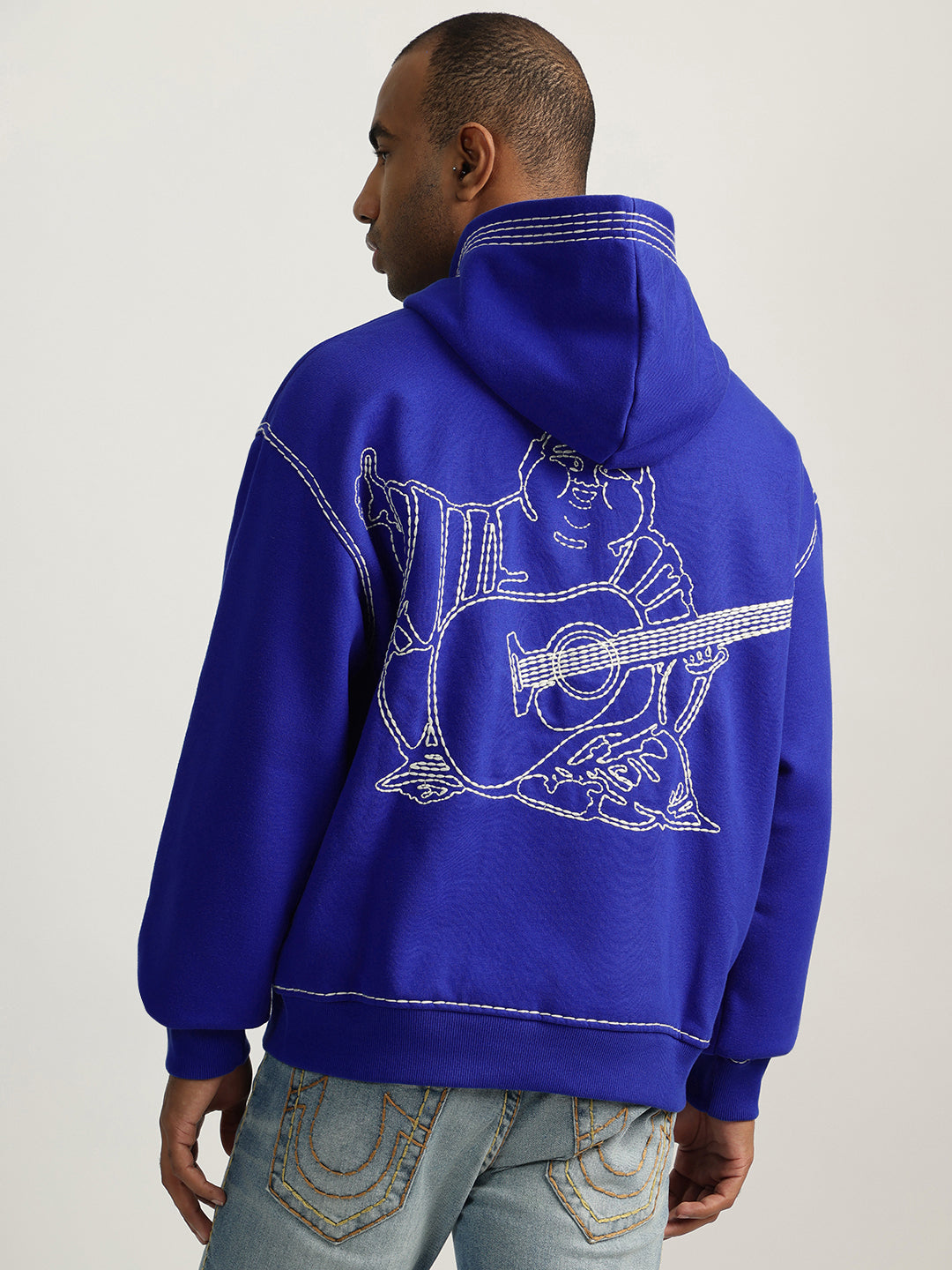 True Religion Men Blue Self Design Hooded Full Sleeves Sweatshirt