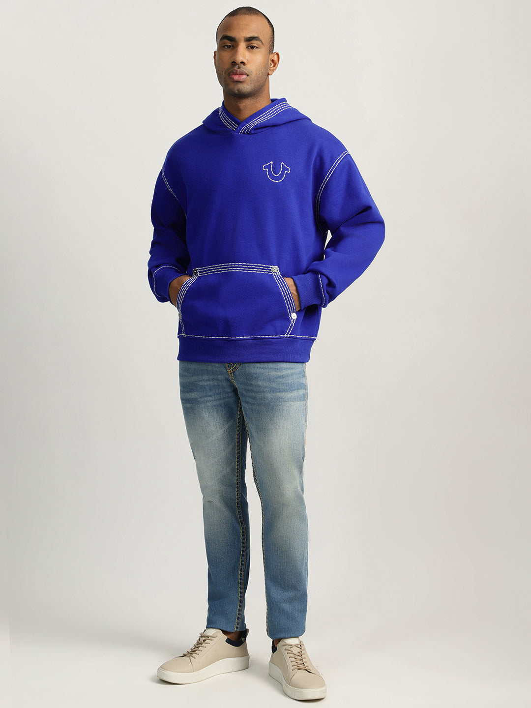 True Religion Men Blue Self Design Hooded Full Sleeves Sweatshirt