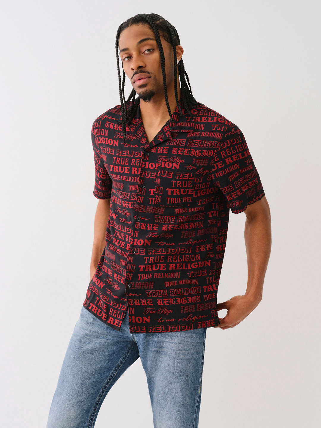 True Religion Men Black Printed Cuban Collar Short Sleeves Shirt