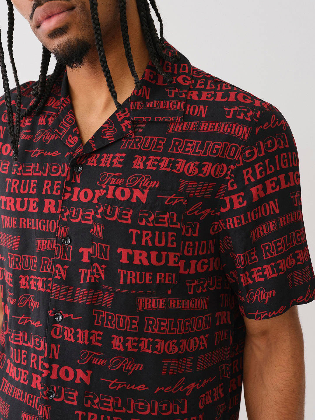 True Religion Men Black Printed Cuban Collar Short Sleeves Shirt