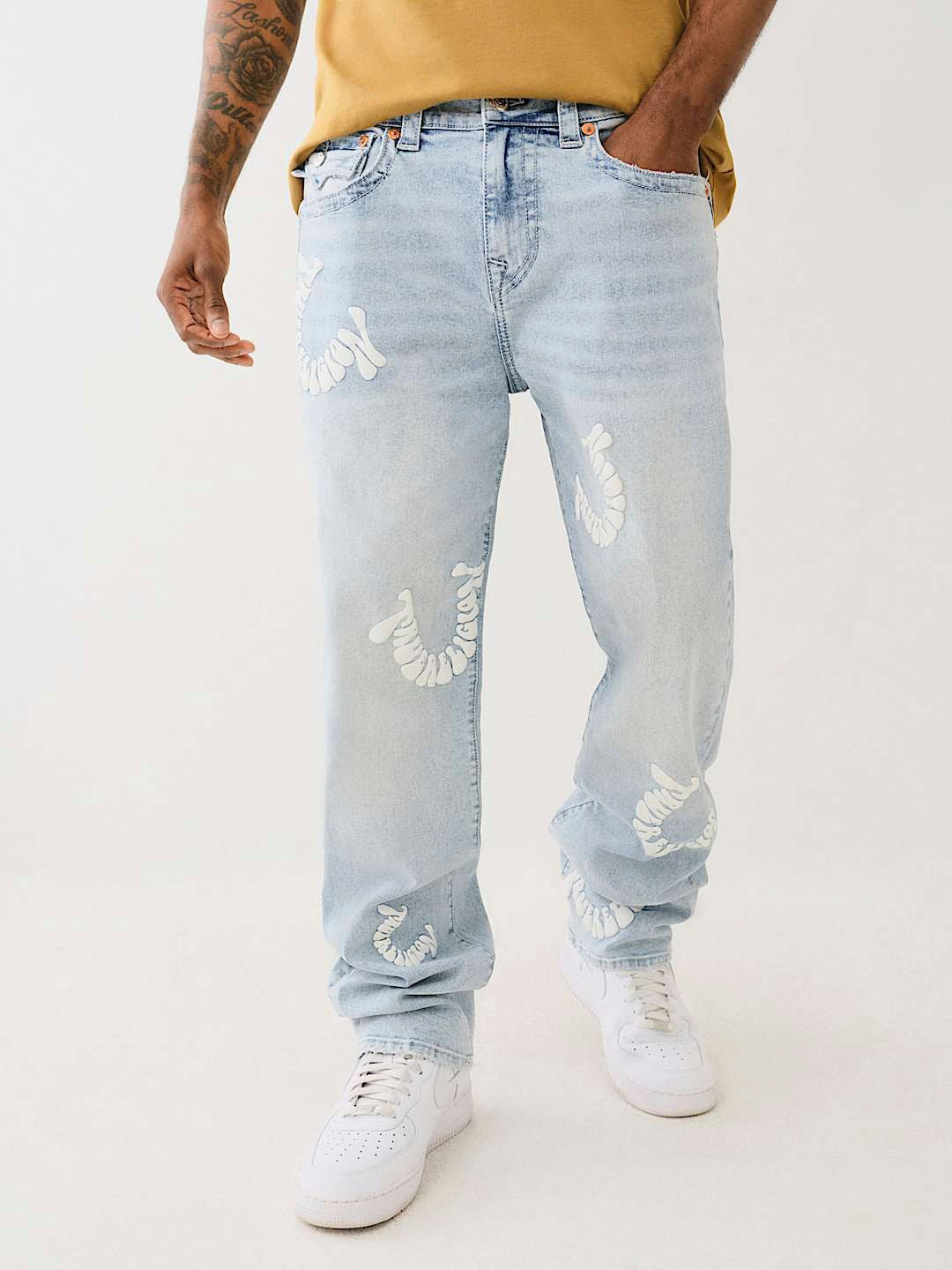 True Religion Men Blue Washed Oversized Fit Mid-Rise Jeans