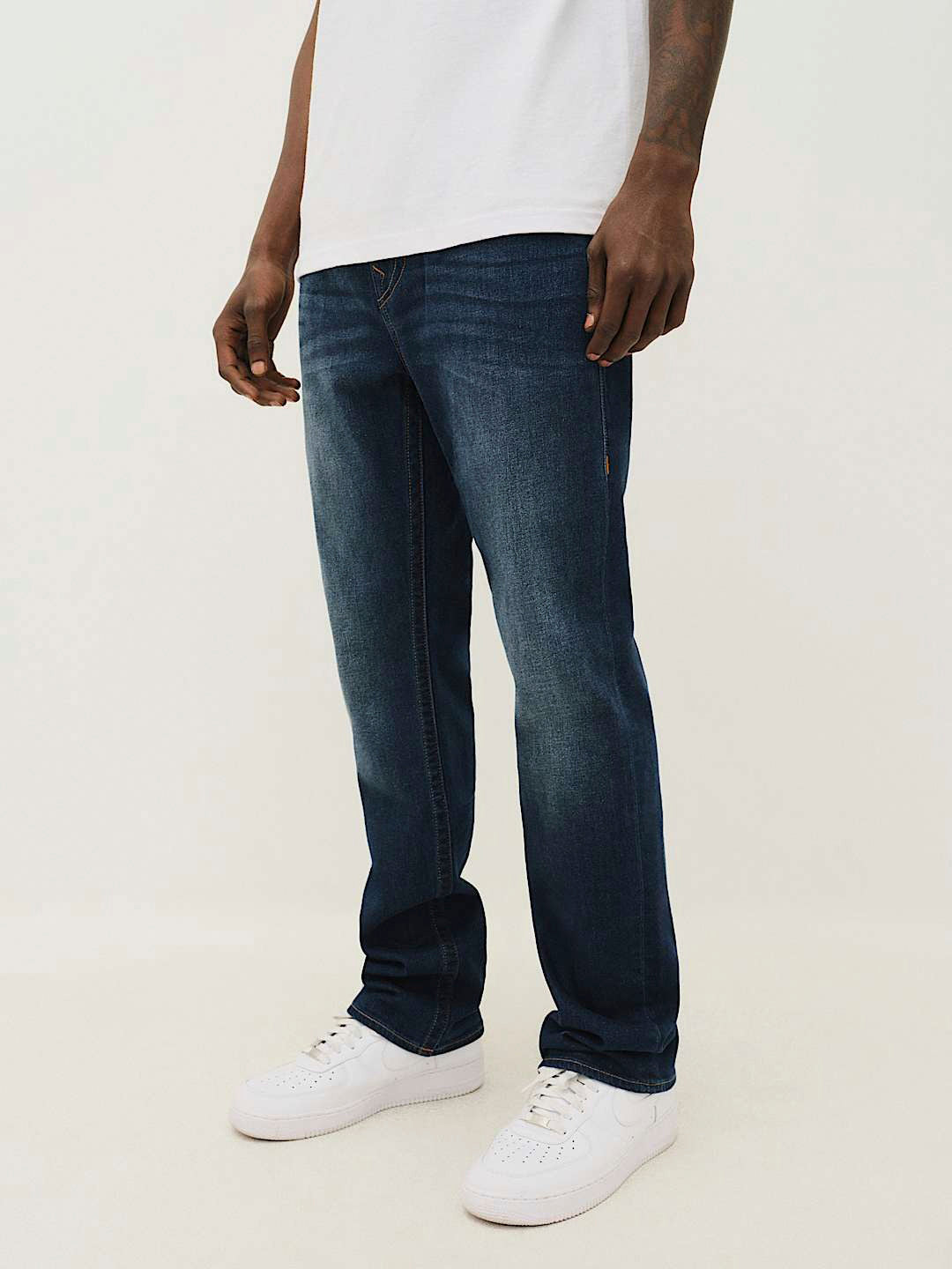 True Religion Men Blue Washed Straight Fit Mid-Rise Jeans