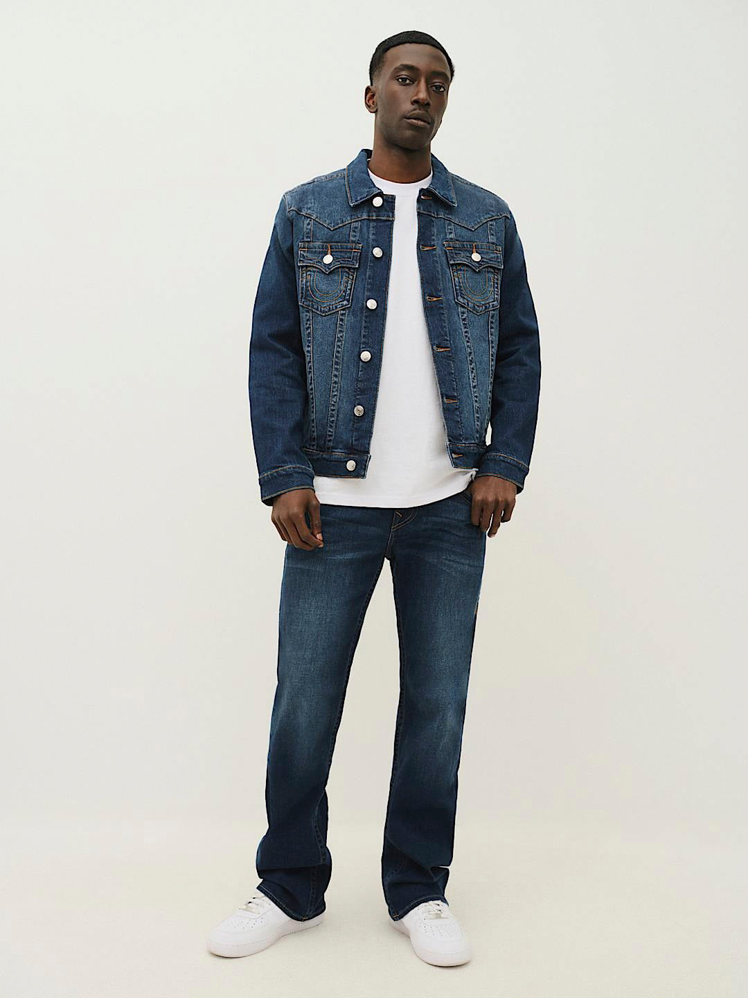 True Religion Men Blue Washed Boot Cut Mid-Rise Jeans