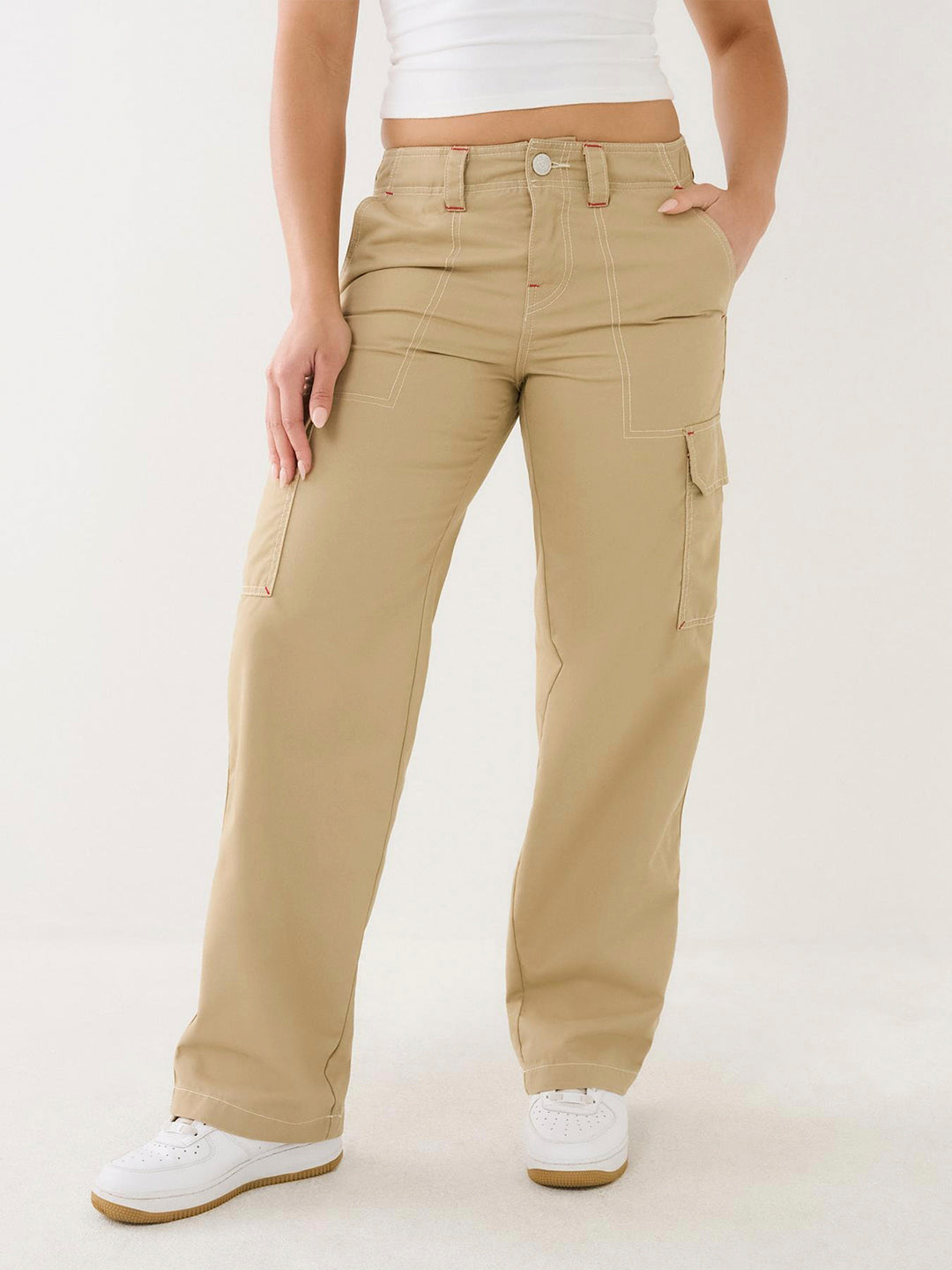 True Religion Women Beige Solid Oversized Mid-Rise Cargo Trouser